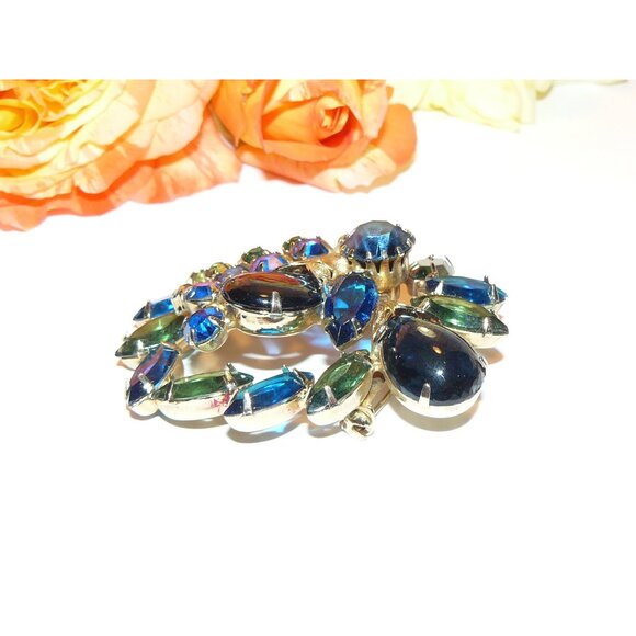 Stunning Blue and Green Rhinestone Brooch, Vintage Rhinestone Brooch, - Picture 5 of 6